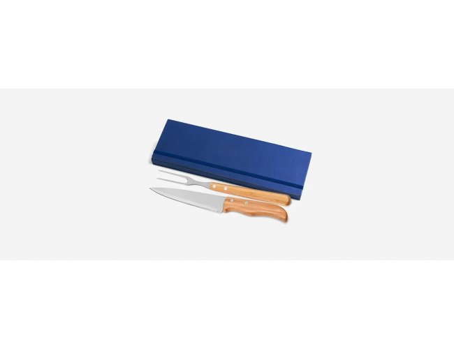 Conj. De Garfo E Faca Inox / Bambu Com Estojo Azul - 3 Pçs