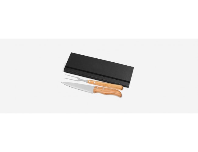 Conj. De Garfo E Faca Inox / Bambu Com Estojo Preto - 3 Pçs