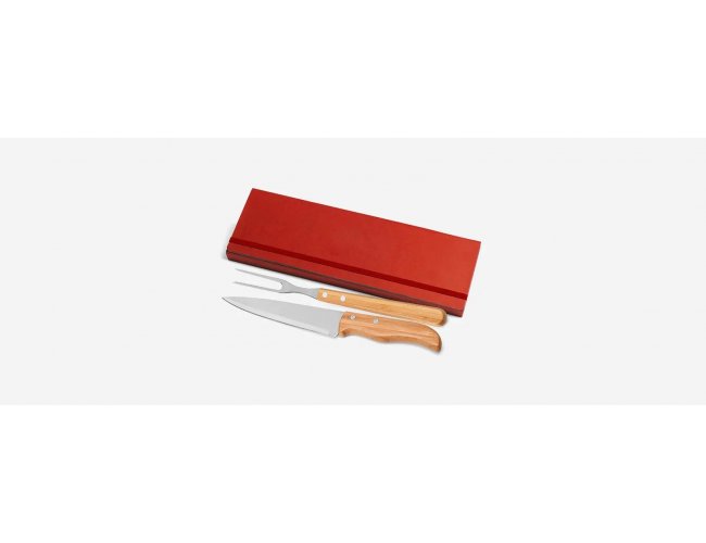 Conj. De Garfo E Faca Inox / Bambu Com Estojo Vermelho - 3 Pçs