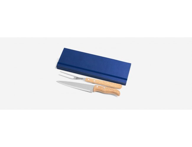 Conj. De Garfo E Faca Inox / Madeira Com Estojo Azul - 3 Pçs