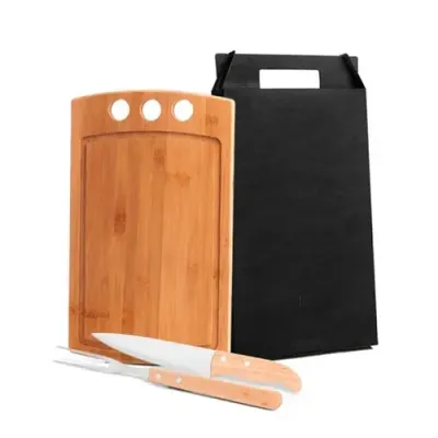 Conj Para Churrasco em Bambu Madeira Inox