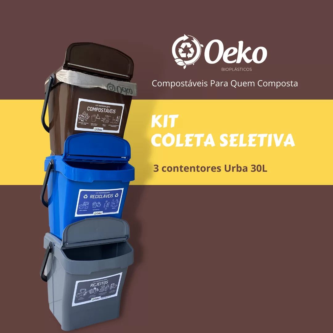 Conjunto 30 Litros Coleta Seletiva Oeko® 3 Frações: 3 Contentores Urba 30 Litros + 3 adesivos