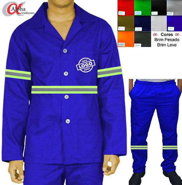 Conjunto Camisa Jaleco profissional + calça em brim cordão e elástico com faixa refletiva - kit 10 pçs
