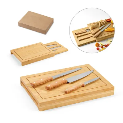 Conjunto de Tabuas em Bambu Com 3 Facas
