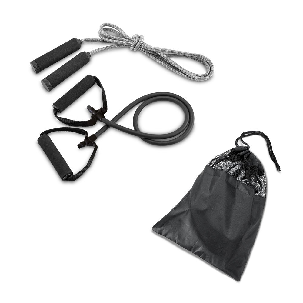 Conjunto fitness composto por elástico e corda de pular -