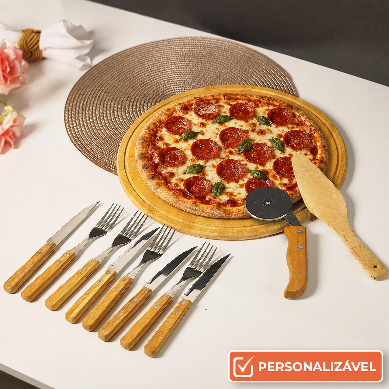 Conjunto para Pizza em Bambu 35 cm com 11 Peças