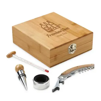 Conjunto para vinho com 4 peças em madeira e metal