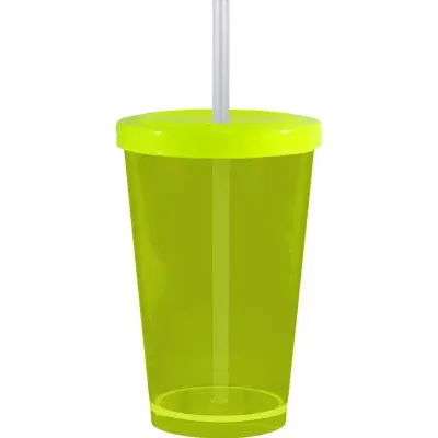 Copo Cristal Tampa Canudo Amarelo Neon 320ml Plastico