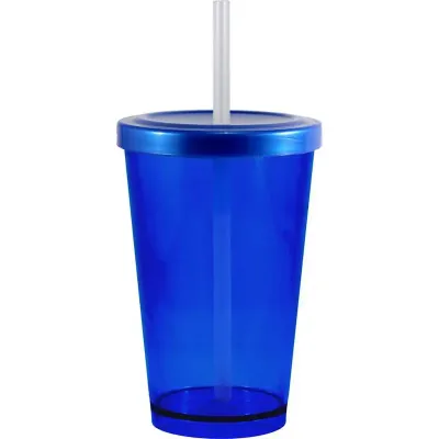 Copo Cristal Tampa Canudo Azul 320ml Plastico