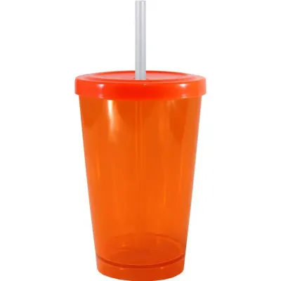 Copo Cristal Tampa Canudo Laranja Neon 320ml