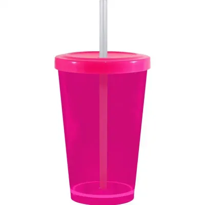 Copo Cristal Tampa Canudo Rosa Neon 320ml