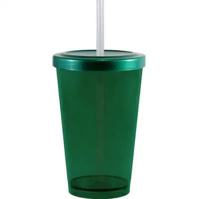 Copo Cristal Tampa Canudo Verde 320ml Plastico