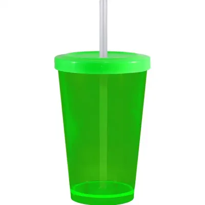 Copo Cristal Tampa Canudo Verde Neon 320ml Plastico