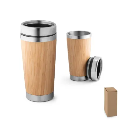 Copo de Viagem Termico em Aco Inox e Bambu