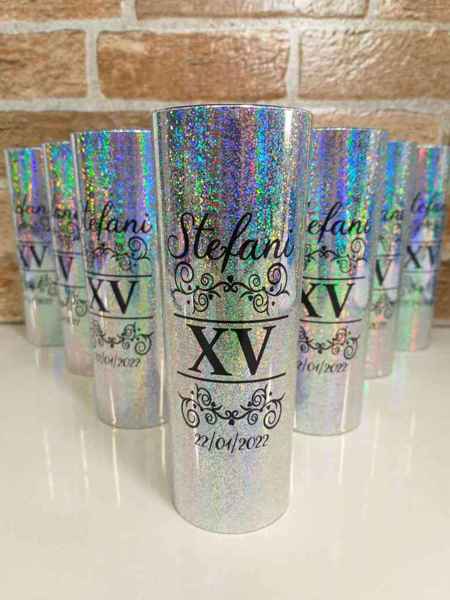 Copo Metalizado Personalizado aniversário 15 anos Porto Alegre Long drink 100un R$6,99un