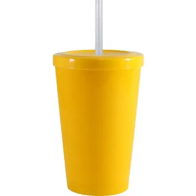 Copo Tampa Canudo Amarelo 320ml Plastico Premium