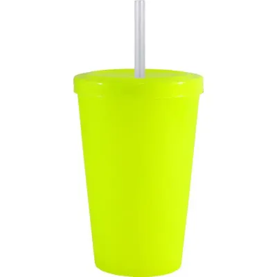 Copo Tampa Canudo Amarelo Neon 320ml Plastico Premium