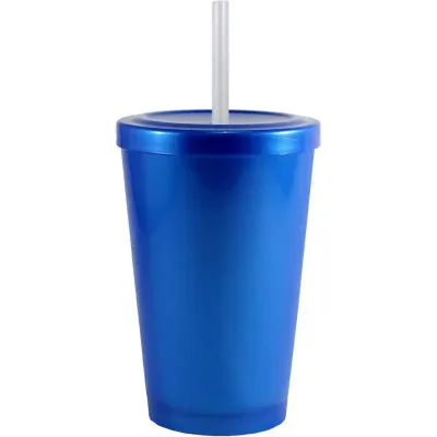 Copo Tampa Canudo Azul 320ml Plastico Premium