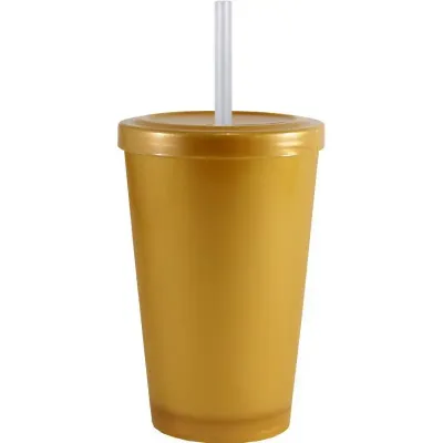 Copo Tampa Canudo Dourado 320ml Plastico Premium