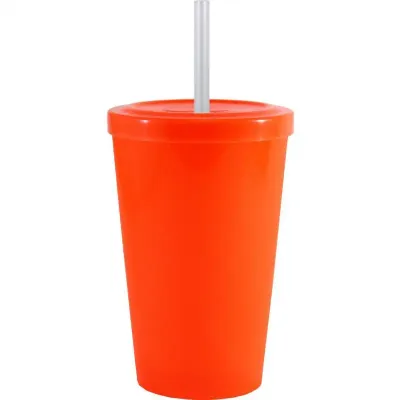 Copo Tampa Canudo Laranja Neon 320ml Plastico Premium