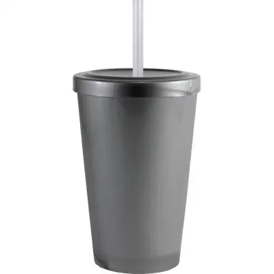 Copo Tampa Canudo Prata 320ml Plastico Premium