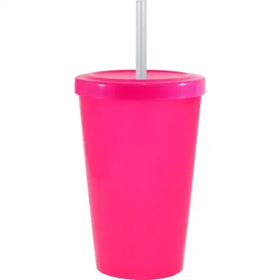 Copo Tampa Canudo Rosa Neon 320ml Plastico