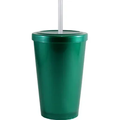 Copo Tampa Canudo Verde 320ml Plastico Premium