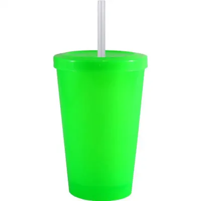 Copo Tampa Canudo Verde Neon 320ml Plastico Premium