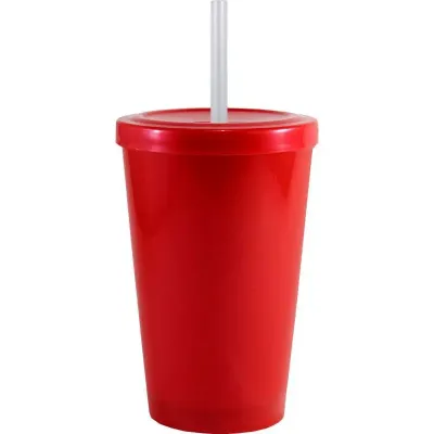 Copo Tampa Canudo Vermelho 320ml Plastico Premium