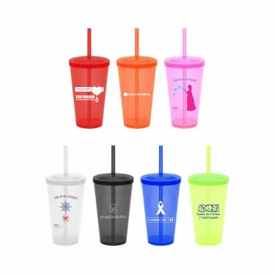 Copo Translucido 550ml Com Tampa e Canudo