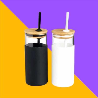 Copo Vidro Com Tampa de Bambu e Canudo 450ml