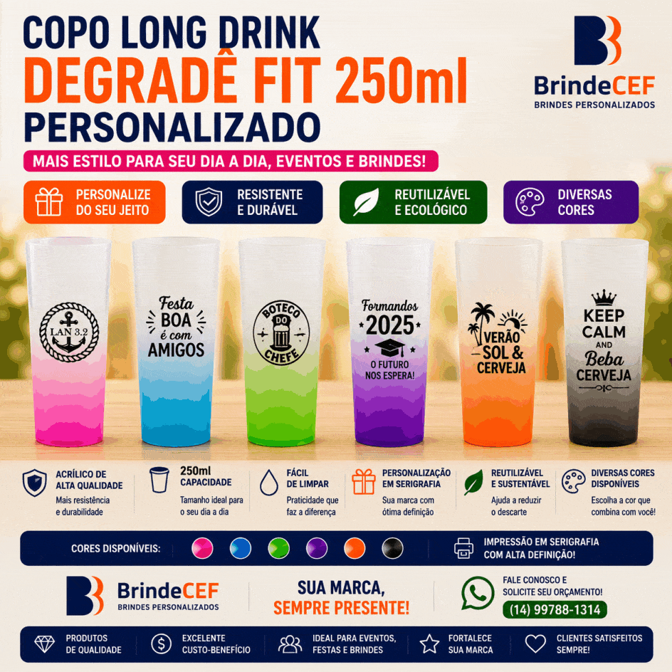 Copos long drink degrade Personalizados Fit  de 250 ml