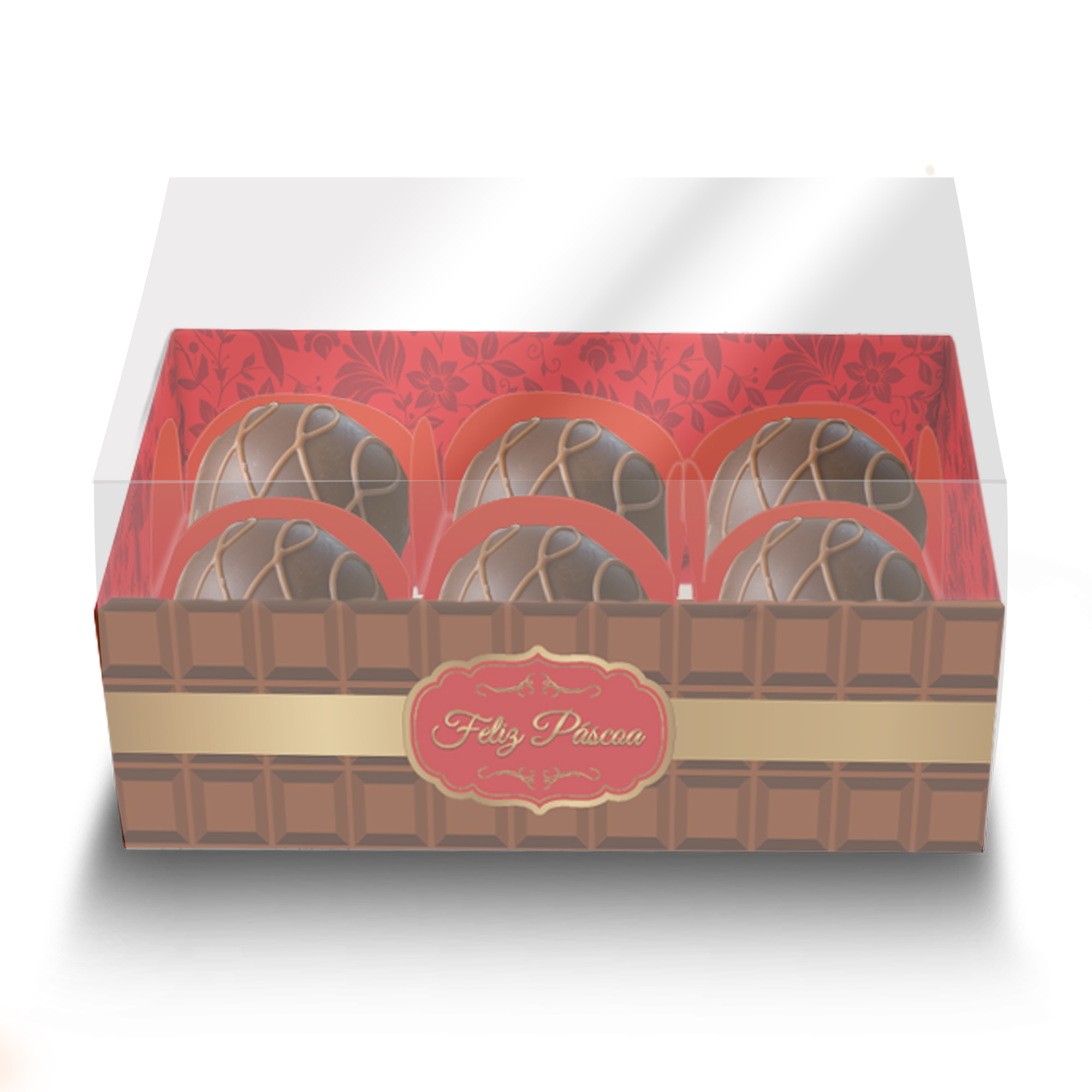 EMBALAGEM CAIXA DE BOMBOM 06 FORMINHAS - CHOCO GOLD - COM TAMPA DE ACETATO - 10 UNIDADES