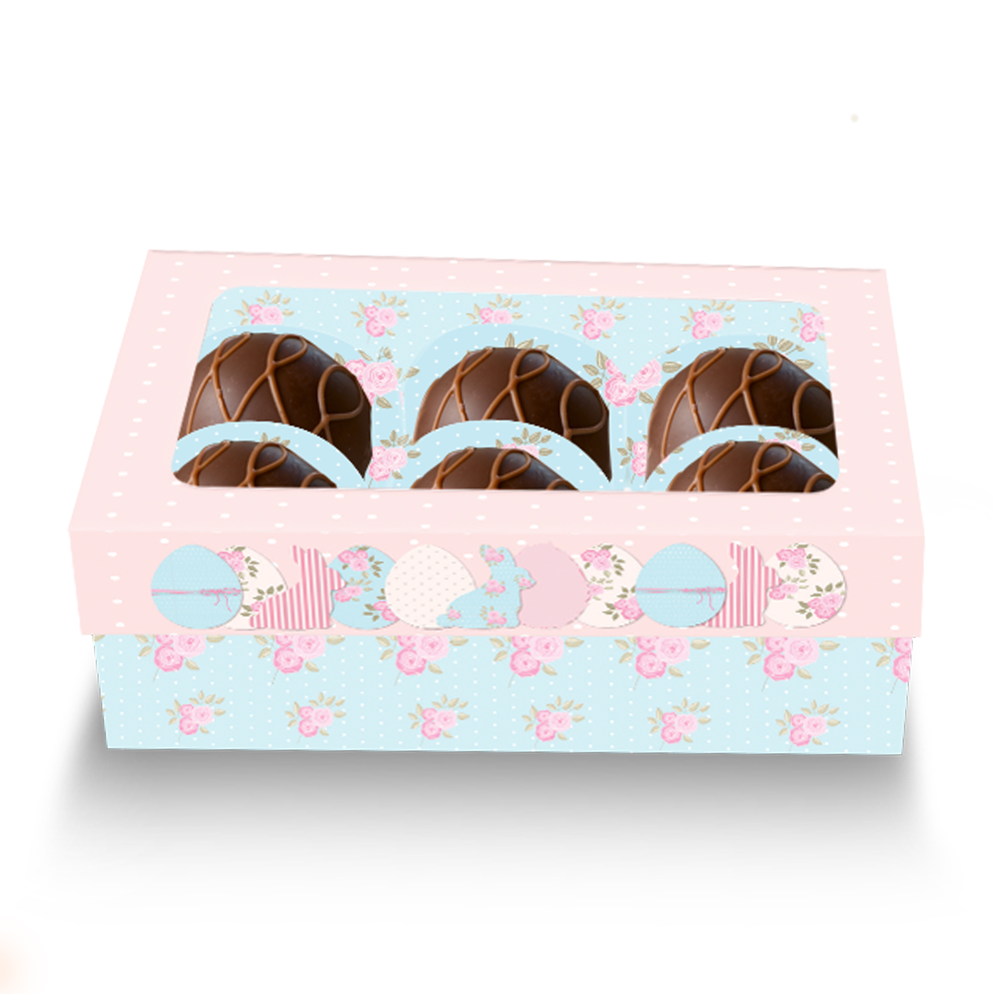 EMBALAGEM CAIXA DE BOMBOM 06 FORMINHAS - SHABBY CHIC - COM TAMPA DE ACETATO - 10 UNIDADES