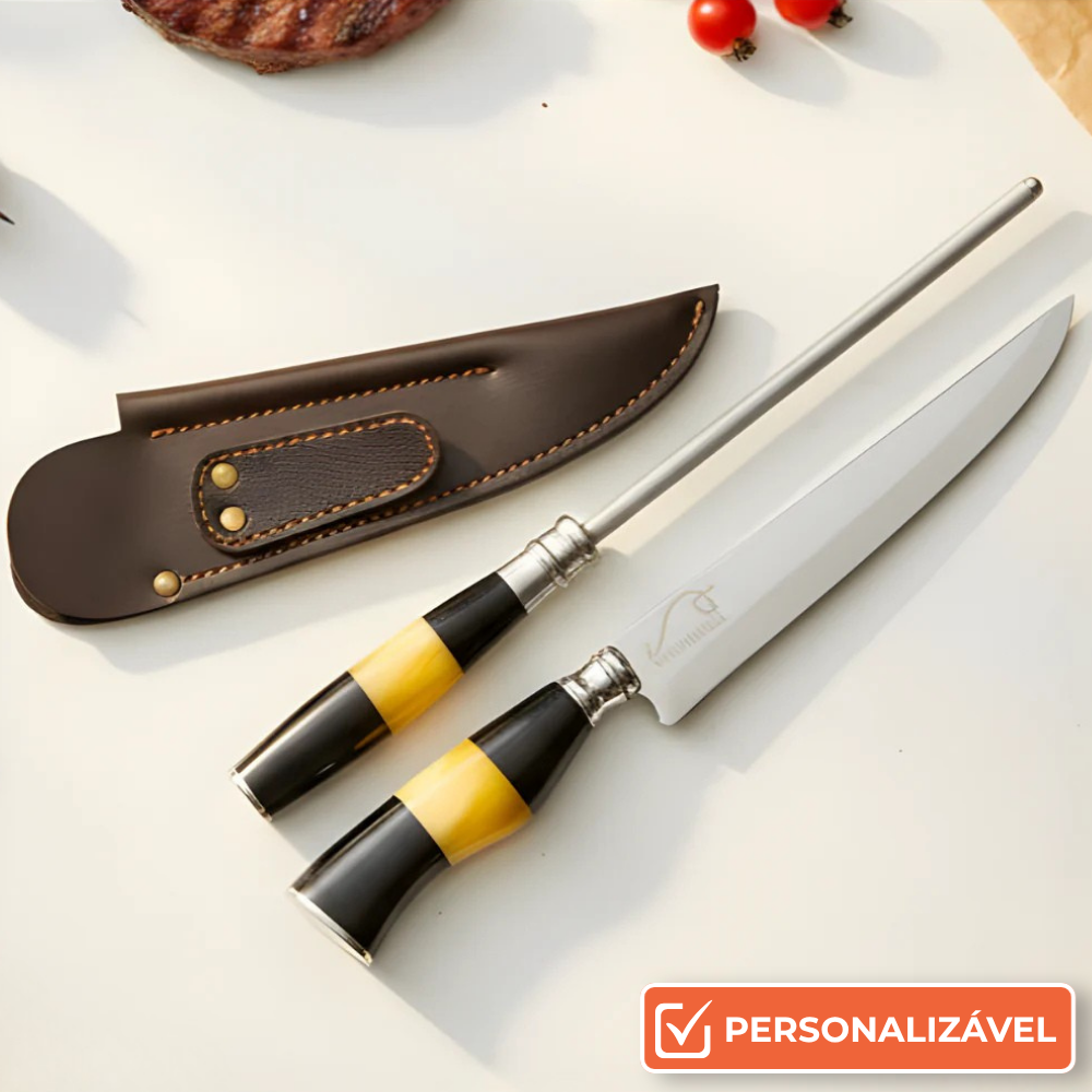 Faca e Chaira Artesanais Personalizadas em Aço Inox 7” com Bainha e Cabo em Chifre e Osso