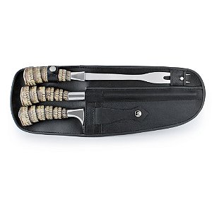 Faca Inox, Chaira e Garfão Cabo Sintético Rabo de Tatu Grande 2210 Bainha Couro Liso
