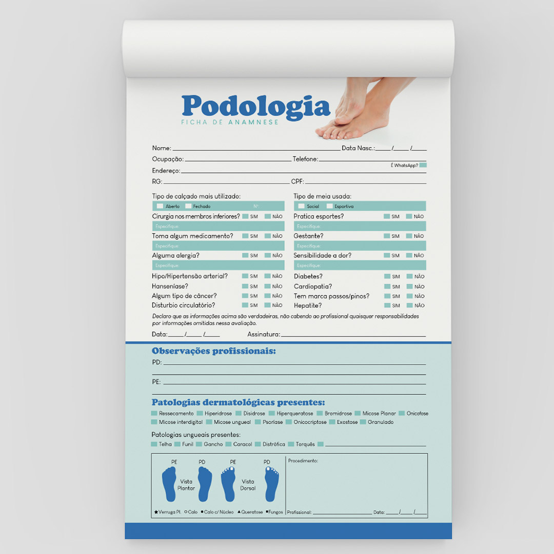 Ficha de Anamnese para Podologia Personalizada - Bloco com 100 Folhas