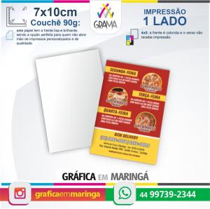 Flyers 7x10cm Impressão 1 lado 7x10cm Couchê 90g 4x0 Sem verniz Corte Reto