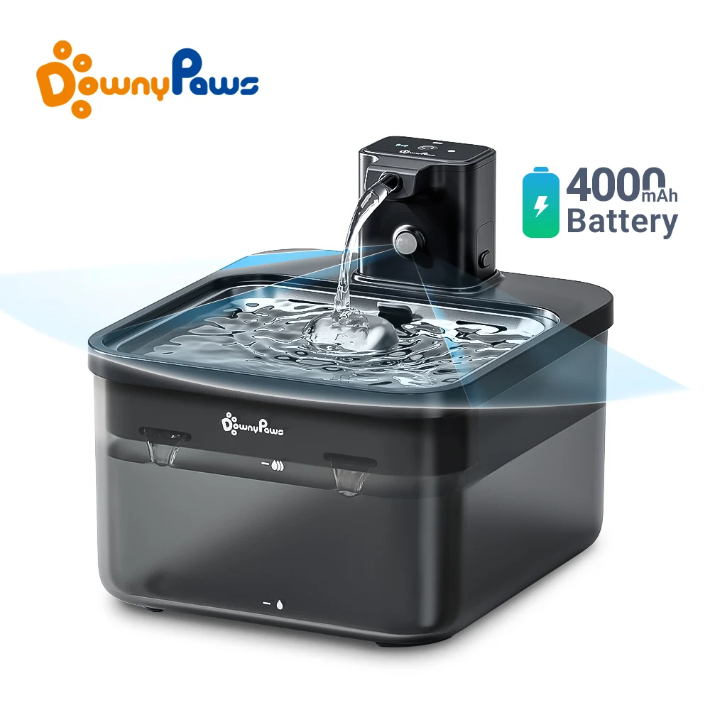 Fonte de Água Downypaws para Gatos 2.5L em Aço Inoxidável com Bateria 4000mAh e Sensor Sem Fio 2 em 1