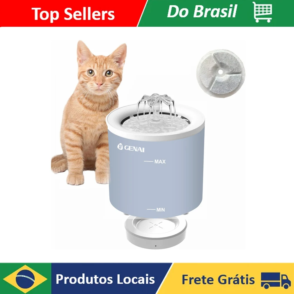 Fonte de Água Elétrica para Gatos com Filtro Automático e Funcionamento Silencioso - Recipiente de 1,6L com Carregamento Sem Fio e Recirculação de Água