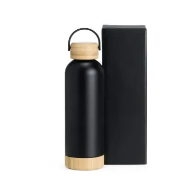 Garrafa Parede Dupla Com Detalhes em Bambu Preta 500 ml