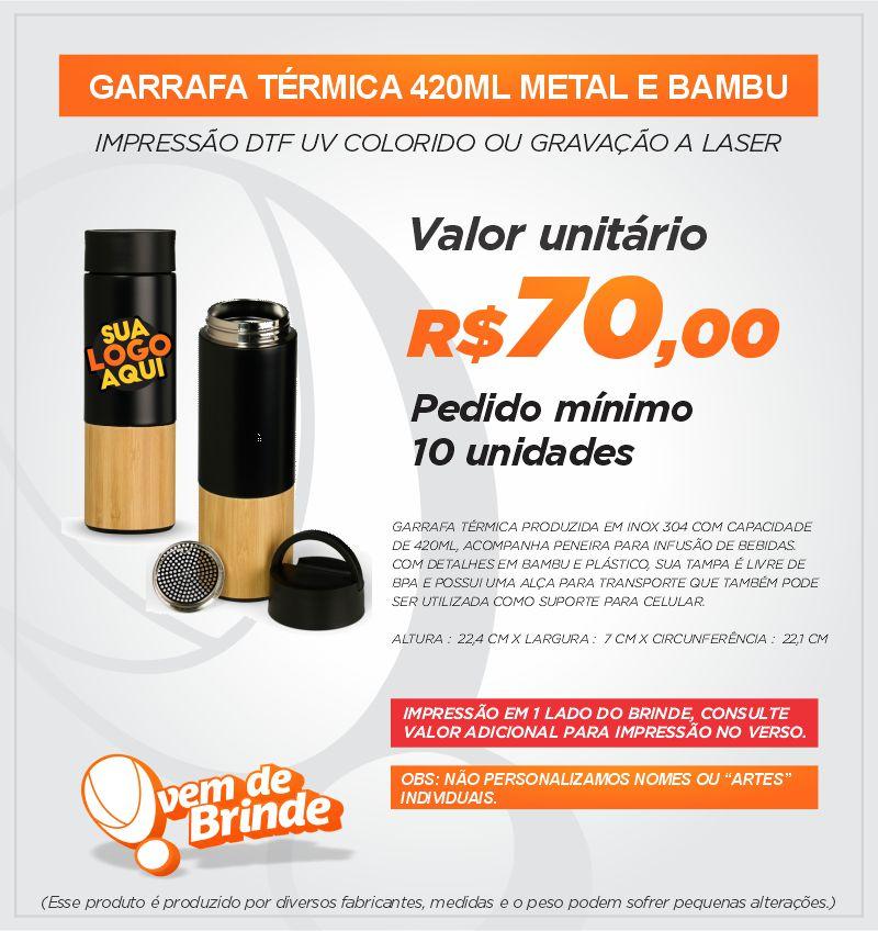 Garrafa Térmica 420ML Metal e Bambu