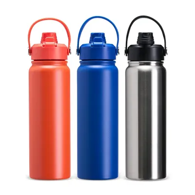 Garrafa Térmica 800ml - Laranja, azul, inox.