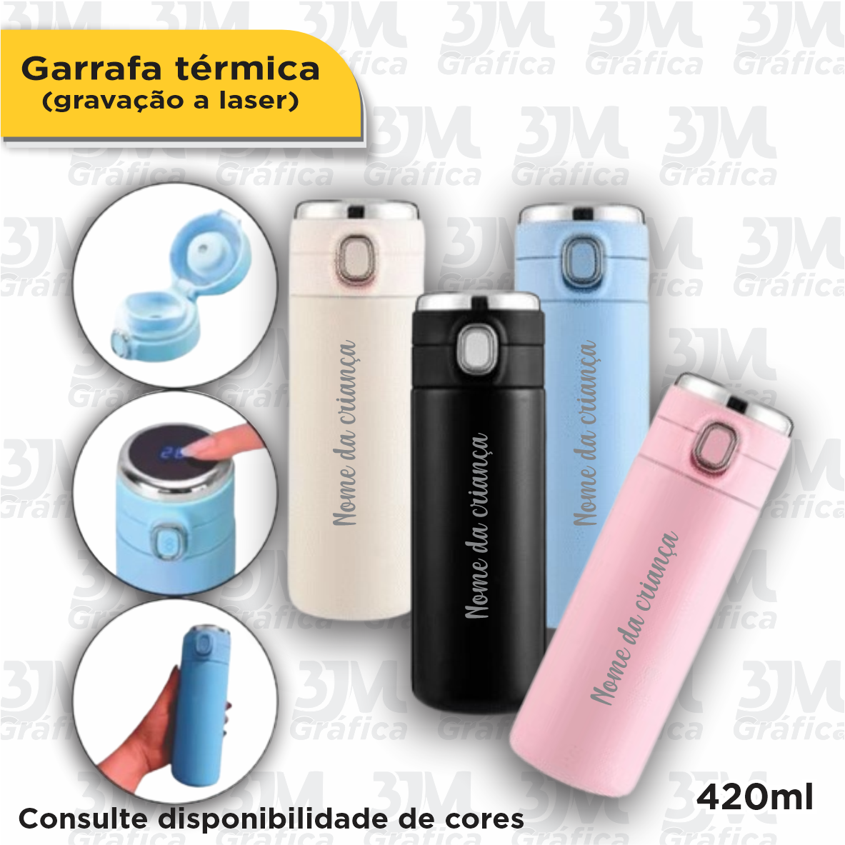 Garrafa Térmica com bico e marcador de temperatura 420ml Gravação Laser