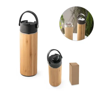 Garrafa Termica em Aco Inox e Bambu