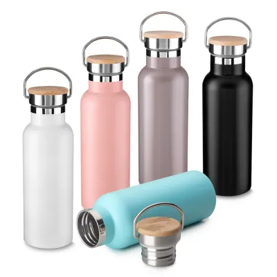 Garrafa Termica Inox 500ml Com Tampa Bambu e Alca