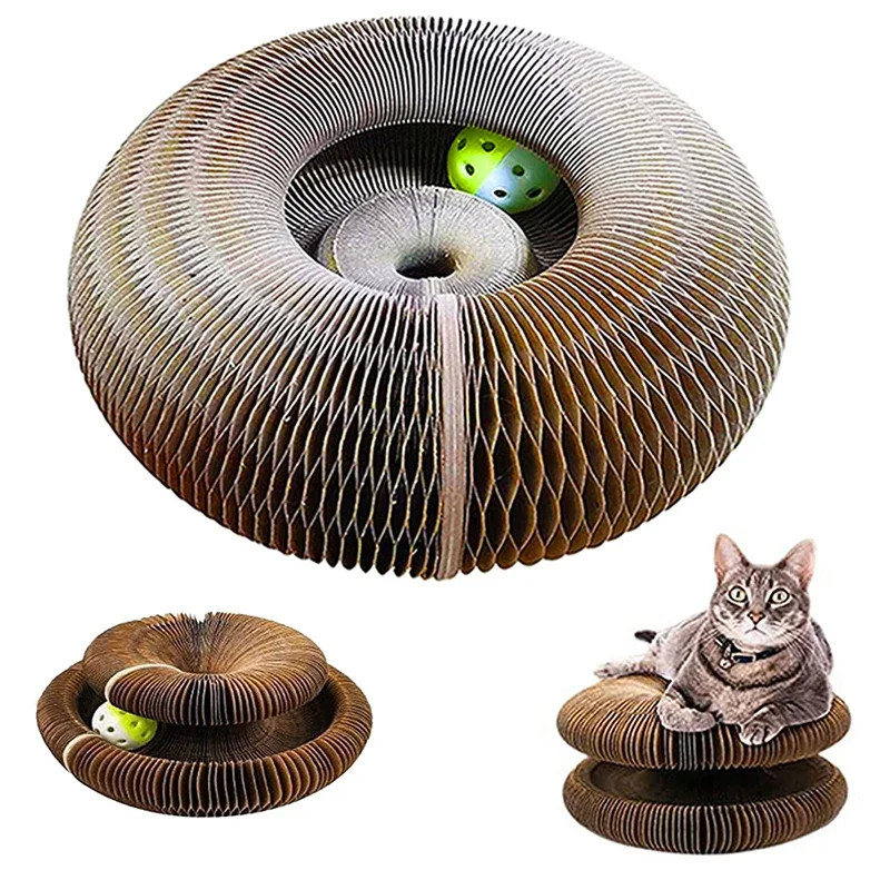 Gato ondulado dobrável com arranhador redondo e sino, brinquedo interativo para pets com escalada para garras