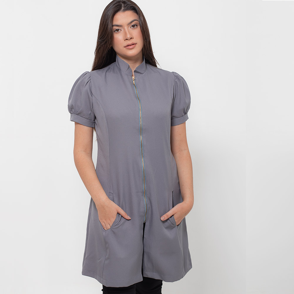 Jaleco Slim Ziper Manga Curta Princesa Cinza