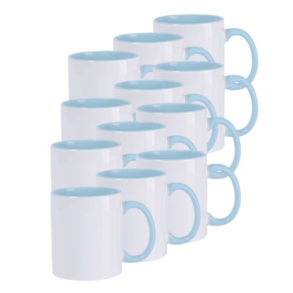 Kit 12 Canecas de Ceramica Branca Para Sublimacao Com Interior/Alca Azul Ciano de 325ml