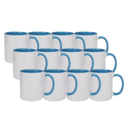 Kit 12 Canecas de Ceramica Branca Para Sublimacao Com Interior/Alca Azul Light de 325ml